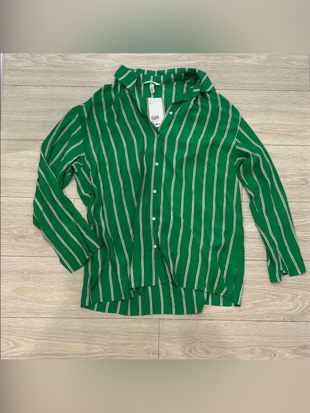 H&M Oversized Green Striped Button-Up Shirt - Classic Casual